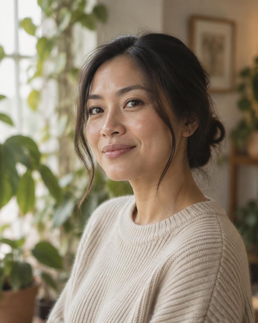 Mara, a member in her late 20s, smiling among plants by a bright window