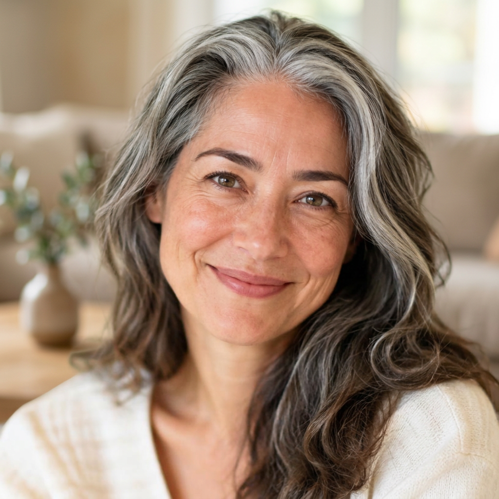 Camille, a member in her early 50s, at home in her living room with plants and daylight behind her