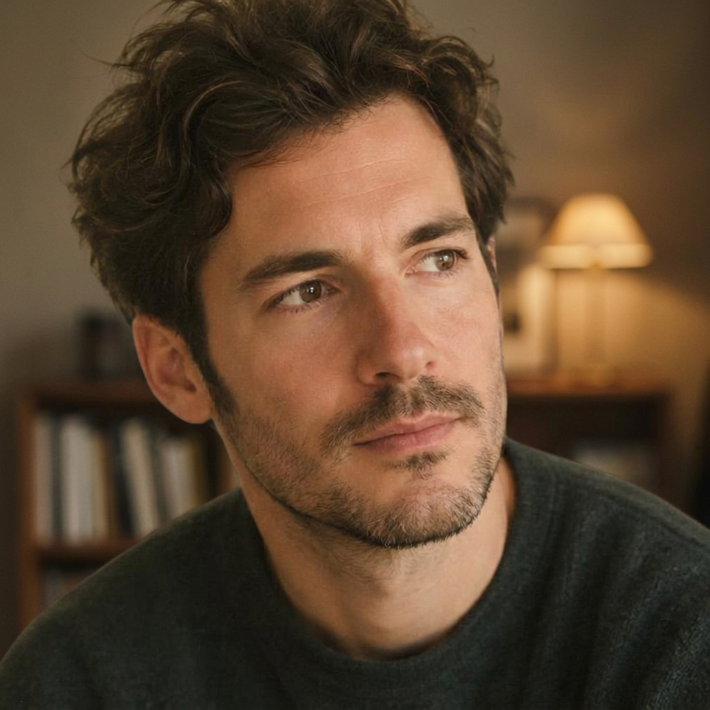 Daniel, a member in his mid 30s, at home in his study with a bookshelf and a soft lamp behind him